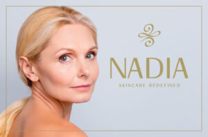 model with smooth skin and nadia skincare logo